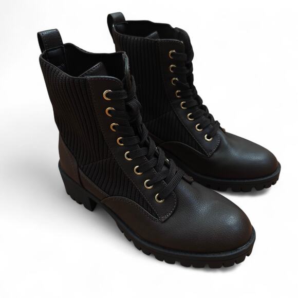 SO Shoes - Kohl's SO Brown Lace Up Hiking Boots Womens Size 6 1/2 M Vegan Leather & Knit